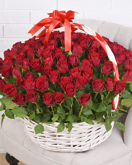 Bouquet of 101 roses in a basket flowers delivered to Almaty