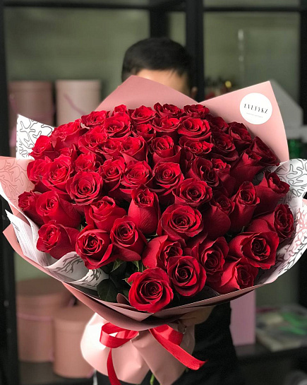 Bouquet of Mono-bouquet of red Dutch roses 51 pcs flowers delivered to Astana