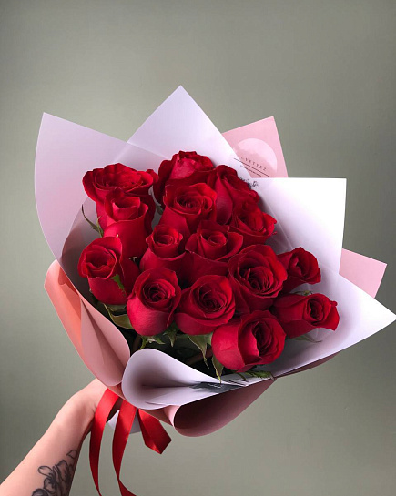 Bouquet of Monobouquet of 15 red Dutch roses flowers delivered to Astana