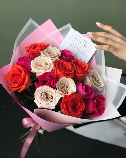 Bouquet of Mono-bouquet of roses Assorted 15 pcs flowers delivered to Astana