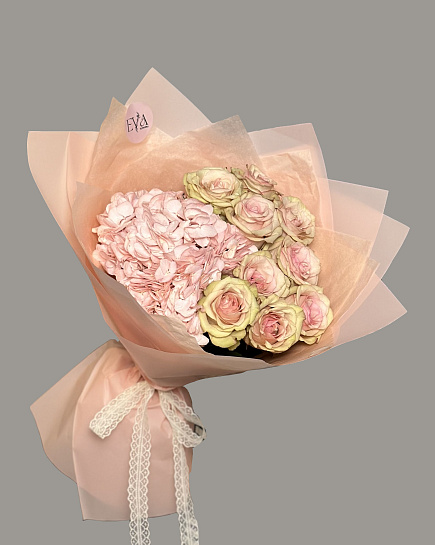 Bouquet of Hydrangea and rose flowers delivered to Almaty