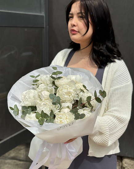 Bouquet of Bouquet of 15 peonies with eucalyptus flowers delivered to Astana