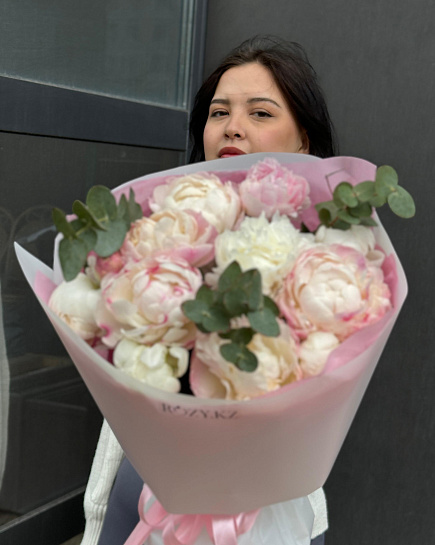 Bouquet of Bouquet of 11 peonies with eucalyptus flowers delivered to Astana