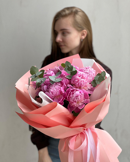 Bouquet of Bouquet of 9 peonies with eucalyptus flowers delivered to Astana