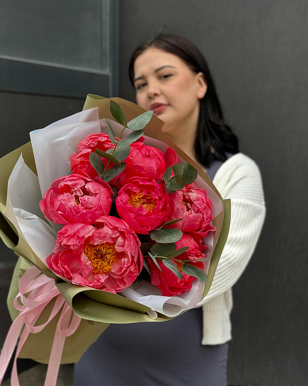 Bouquet of Bouquet of 7 peonies with eucalyptus flowers delivered to Astana