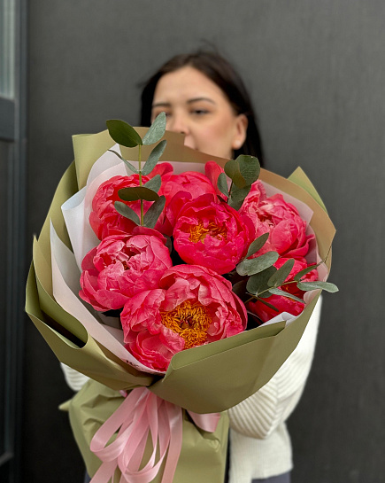 Bouquet of Bouquet of 7 peonies with eucalyptus flowers delivered to Astana