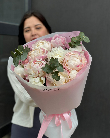 Bouquet of Bouquet of 11 peonies with eucalyptus flowers delivered to Astana