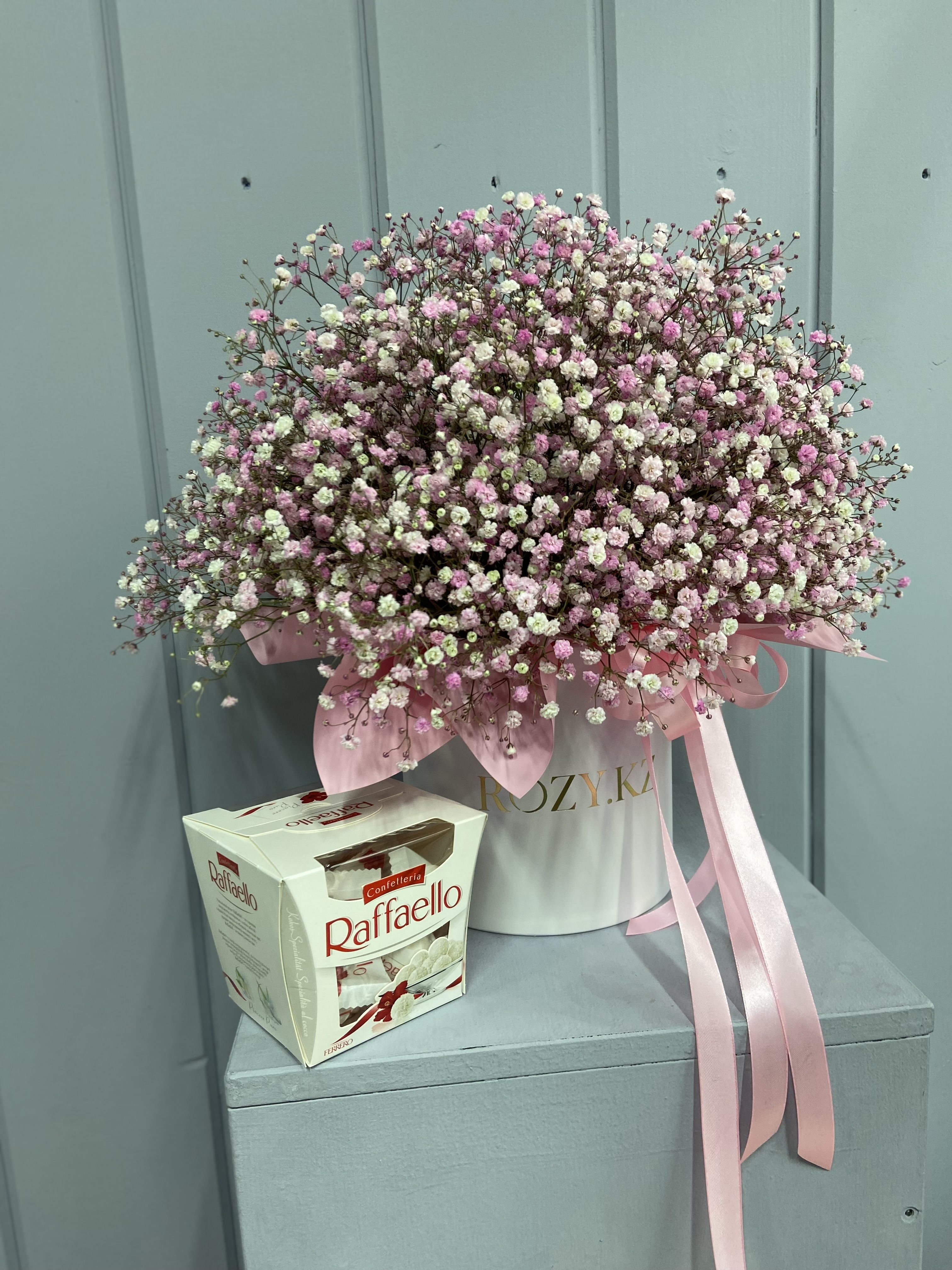 Bouquet of Box size M made of pink gypsophila and Rafaelo flowers delivered to Astana