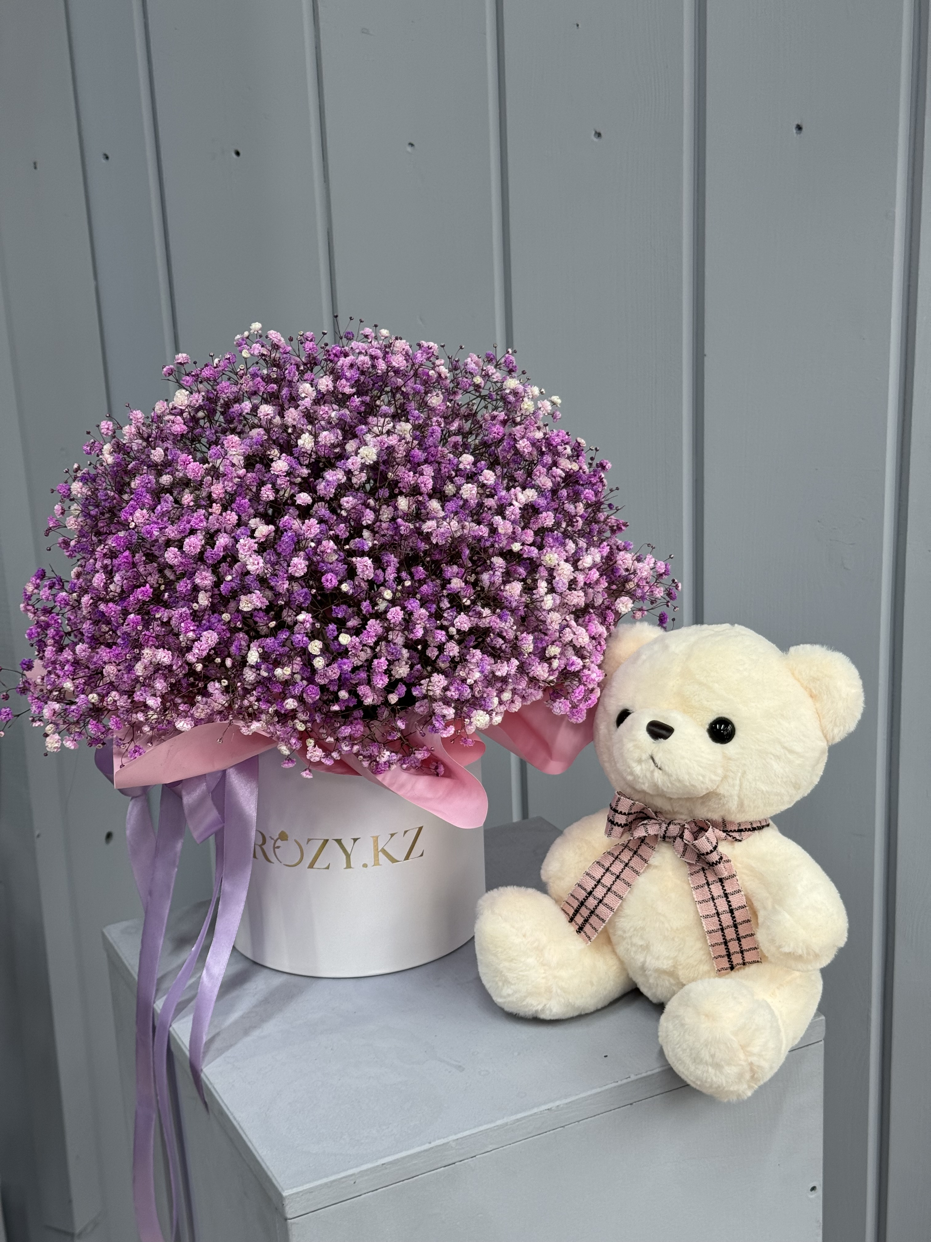 Bouquet of Combo of Gypsophila size M and a bear with a bow flowers delivered to Astana
