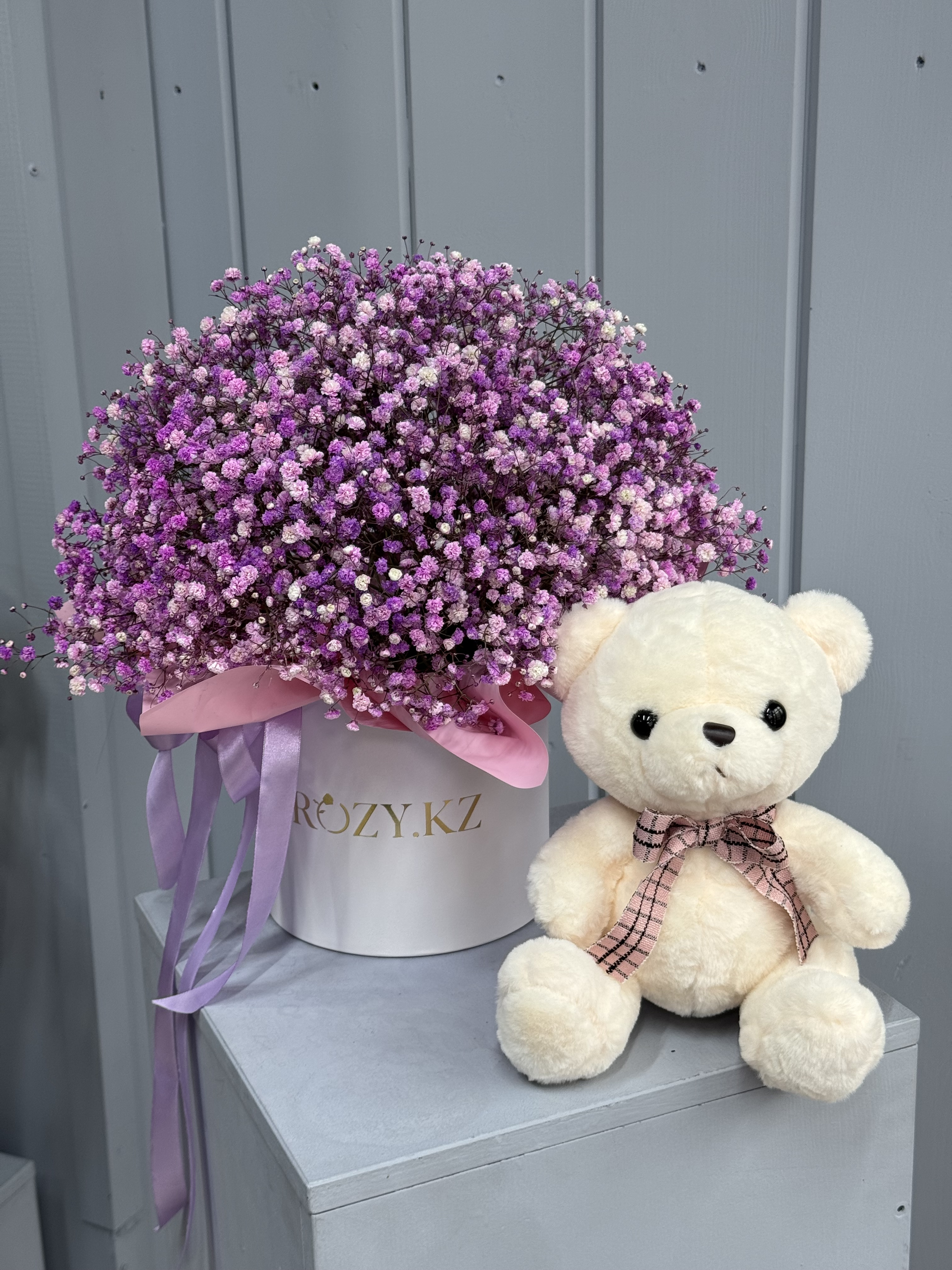 Bouquet of Combo of Gypsophila size M and a bear with a bow flowers delivered to Astana