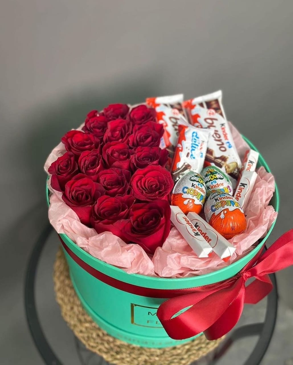 Bouquet of Box of roses and sweets ❤️ flowers delivered to Almaty