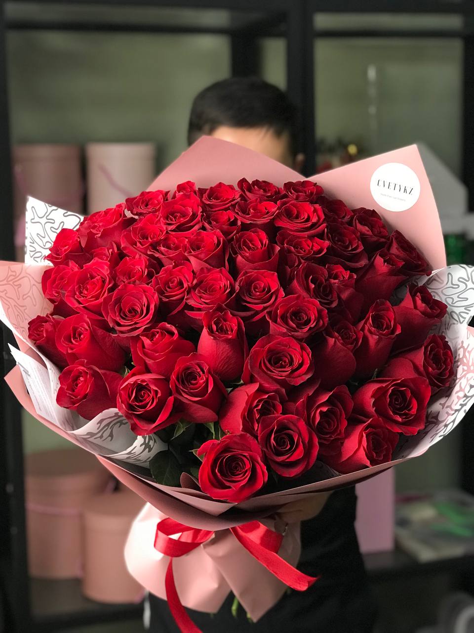 Bouquet of Mono-bouquet of red Dutch roses 51 pcs flowers delivered to Astana