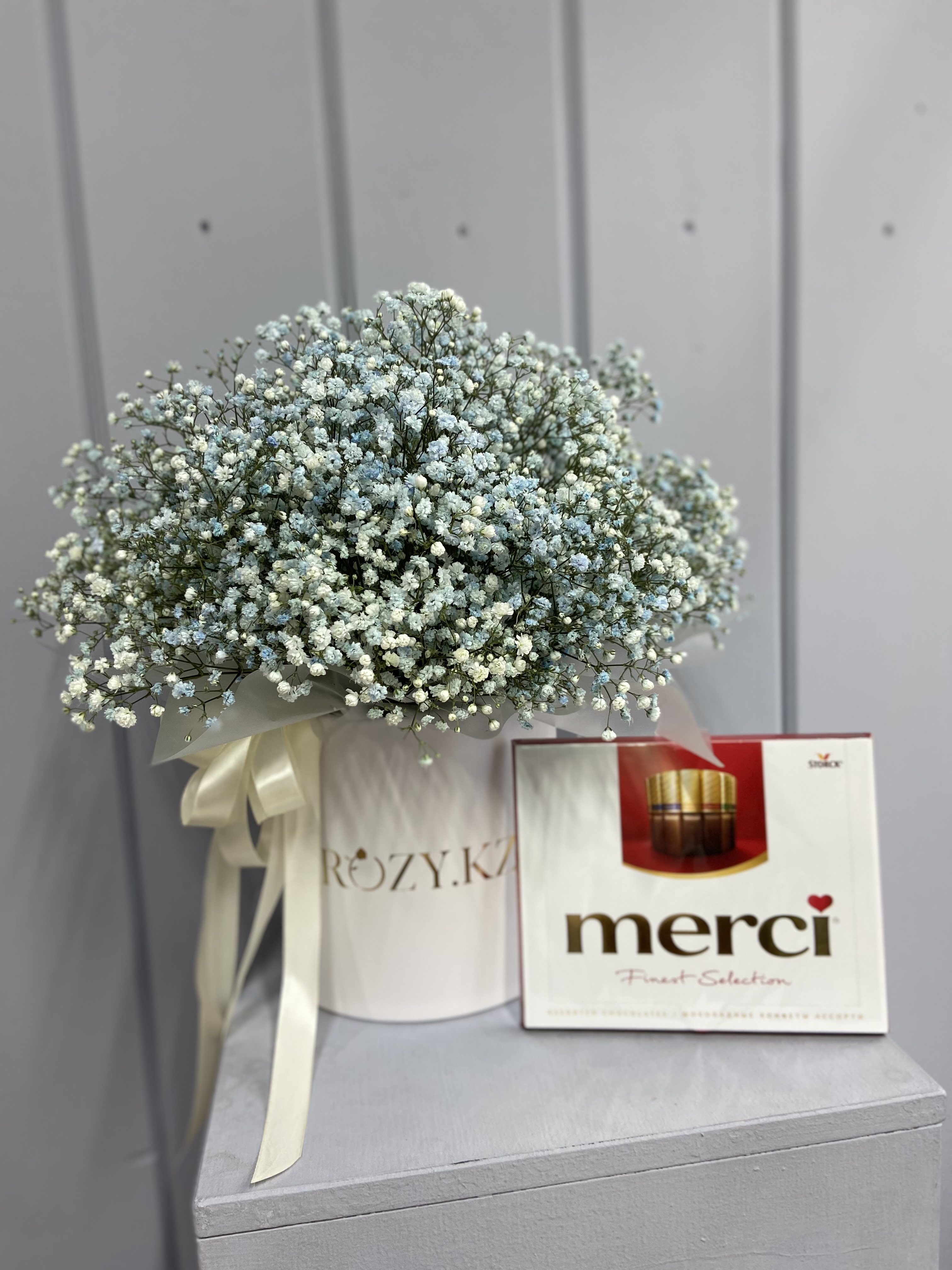 Bouquet of Box size M made of blue gypsophila and merci flowers delivered to Astana