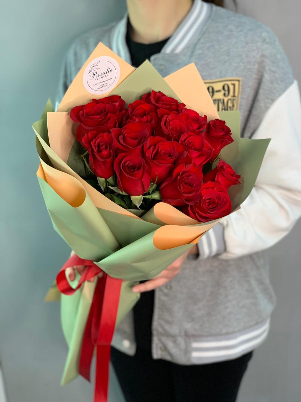 Bouquet of 15 red roses in decoration flowers delivered to Almaty