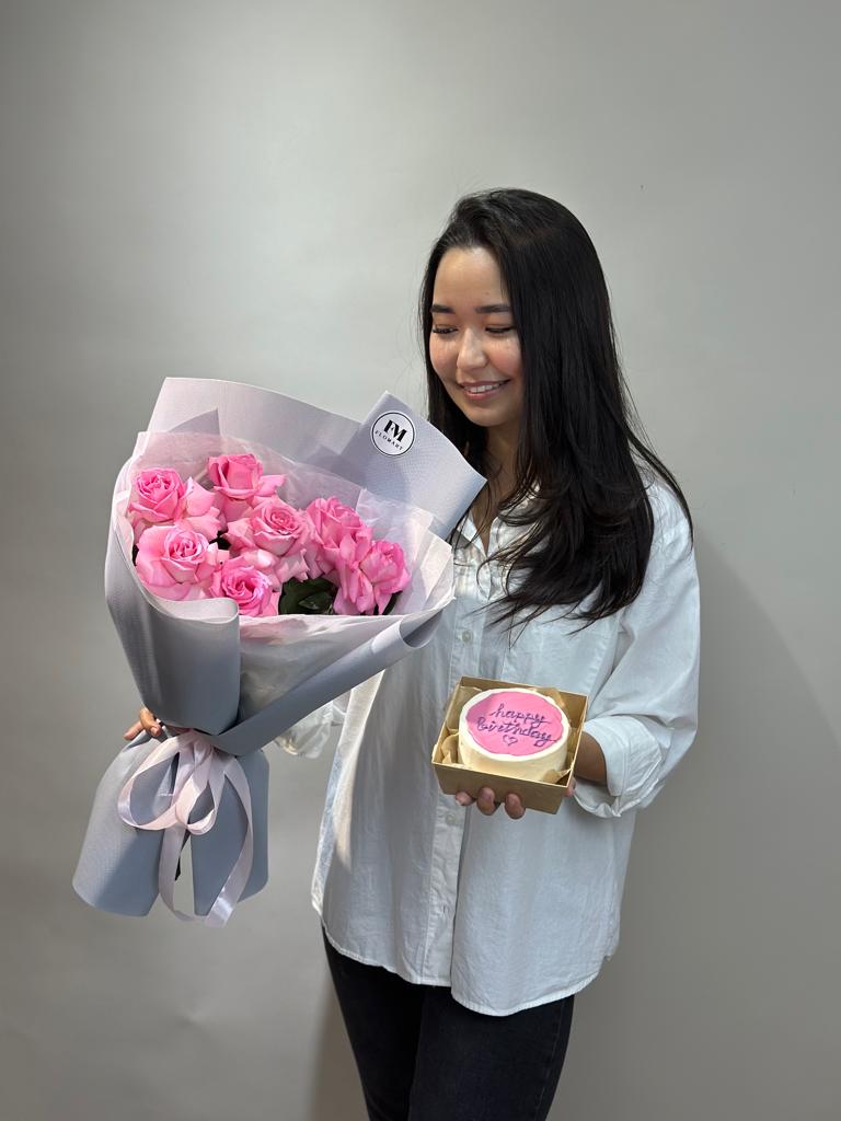 Bouquet of Combo 7 roses + bento cake flowers delivered to Astana