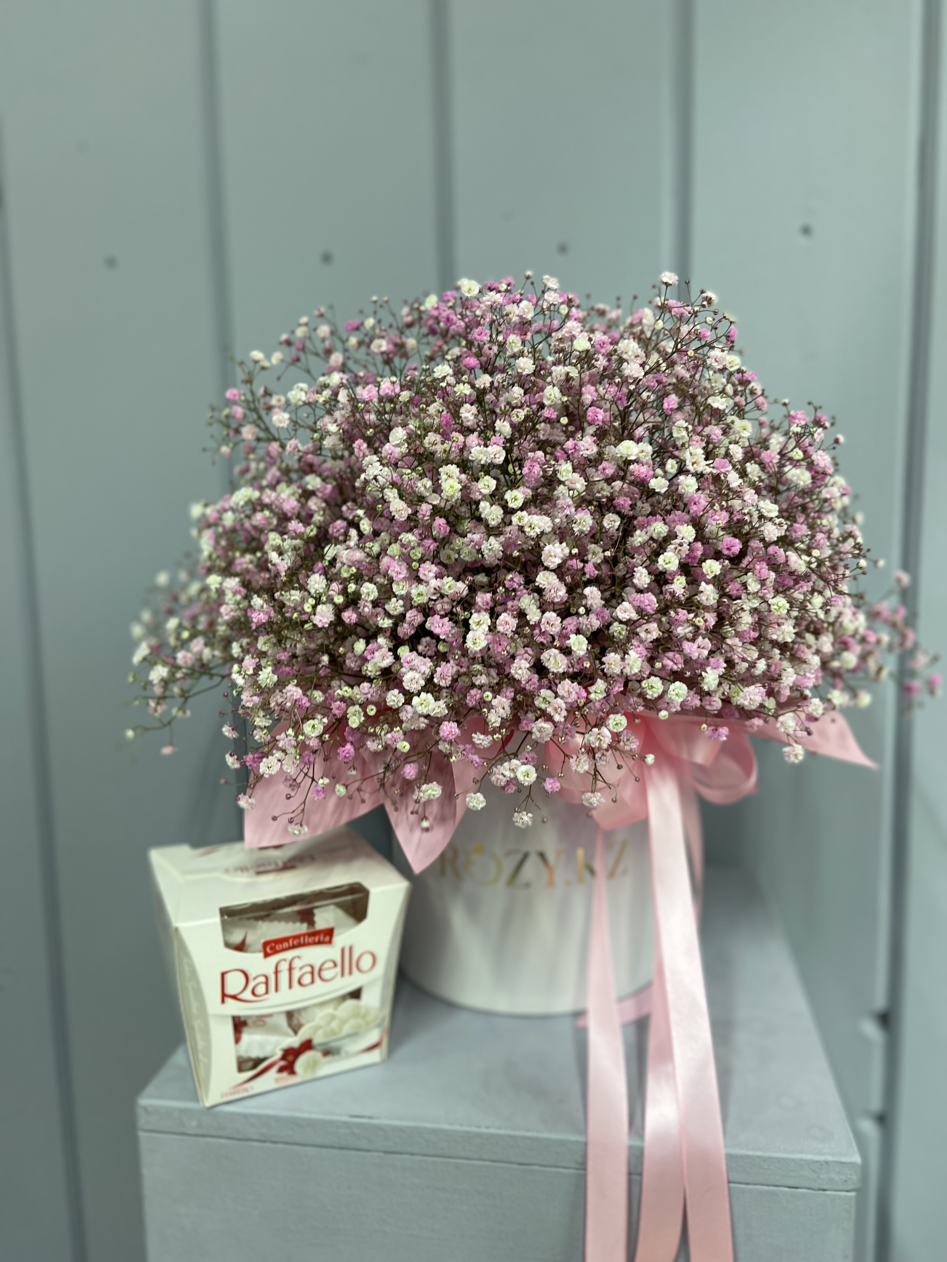Bouquet of Box size M made of pink gypsophila and Rafaelo flowers delivered to Astana