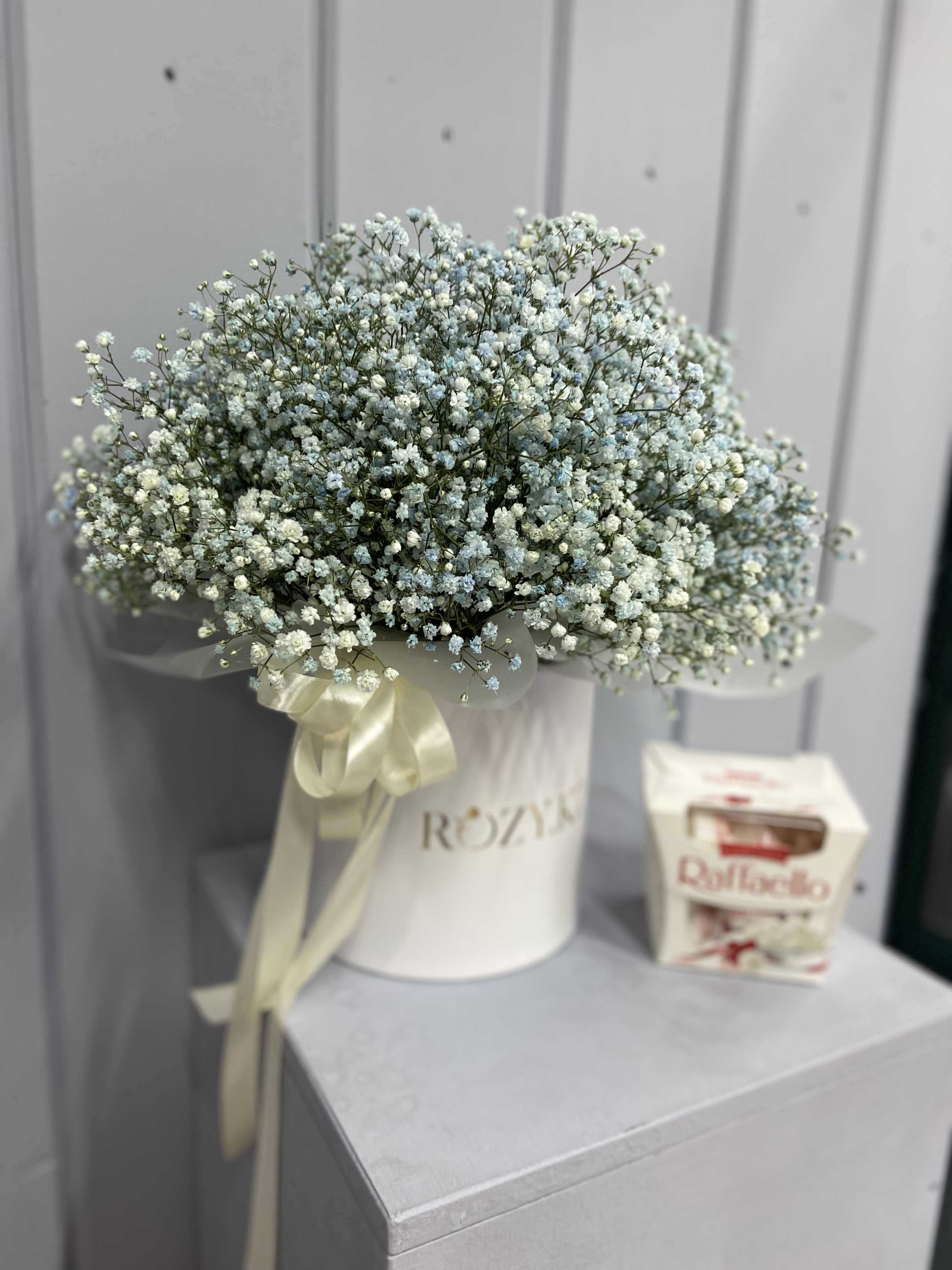 Bouquet of Box size M made of blue gypsophila and Rafaelo flowers delivered to Astana