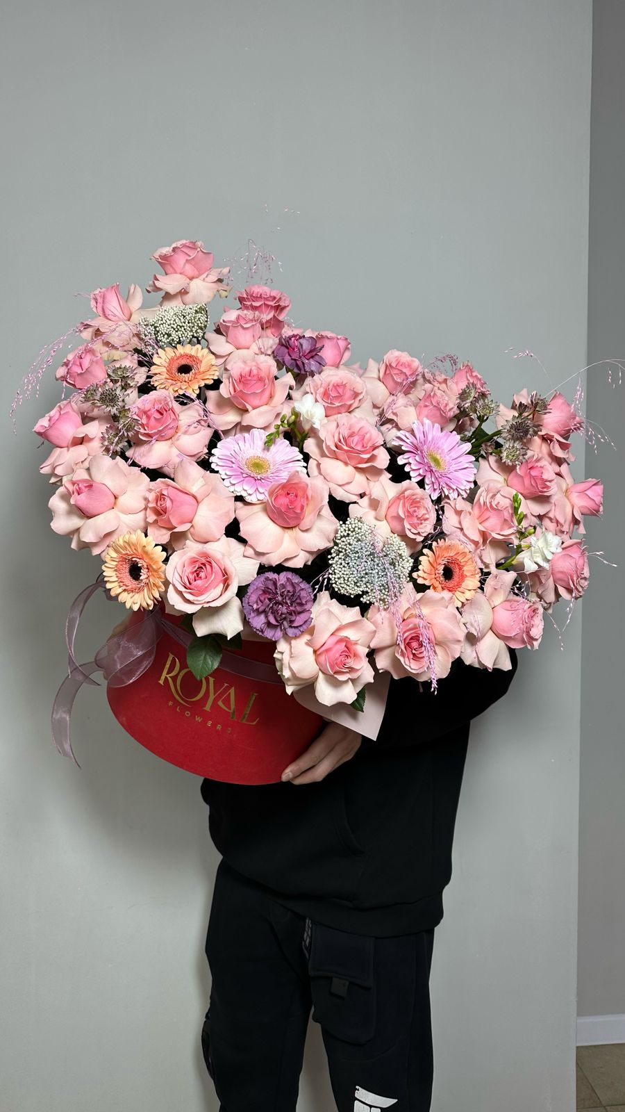 Bouquet of prefabricated composition in a red box flowers delivered to Ust-Kamenogorsk