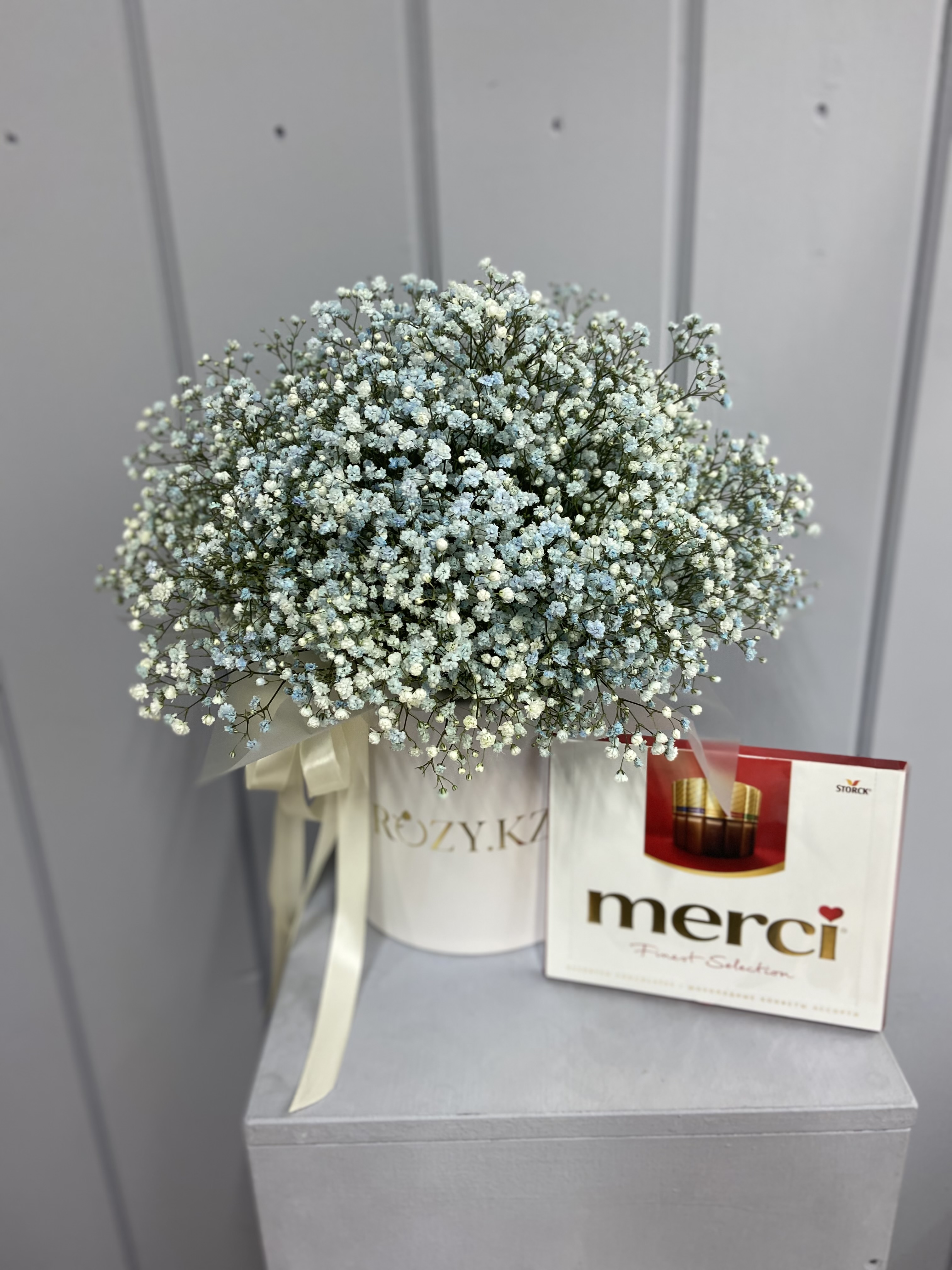 Bouquet of Box size M made of blue gypsophila and merci flowers delivered to Astana