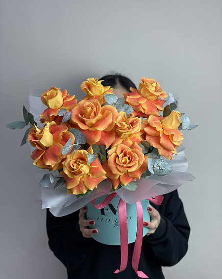 Bouquet of Fiery roses with eucalyptus flowers delivered to Astana