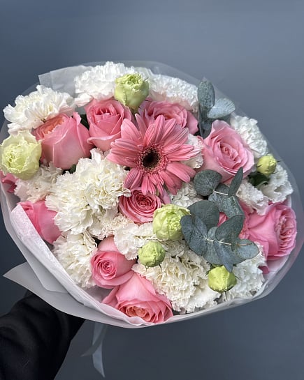 Розовый шарм с герберой и эустомой с доставкой по Астане