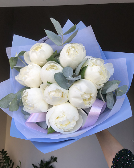 9 White Peonies with greenery with delivery to Astana