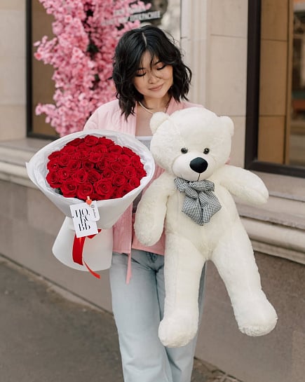 35 роз 50 см + мишка 76 см с открыткой  with delivery to Pavlodar