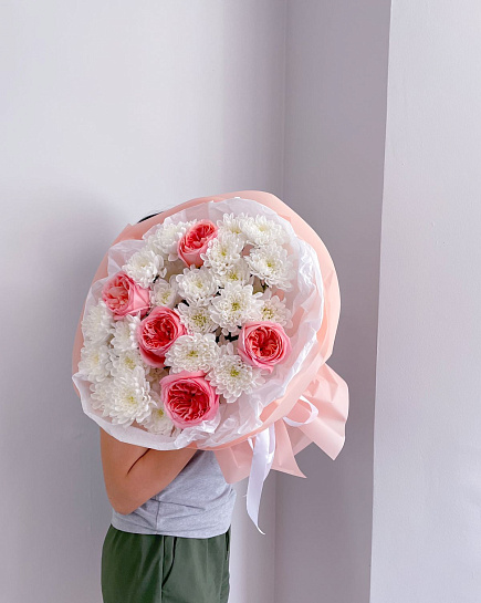 Bouquet of peony roses and chrysanthemums with delivery to Astana