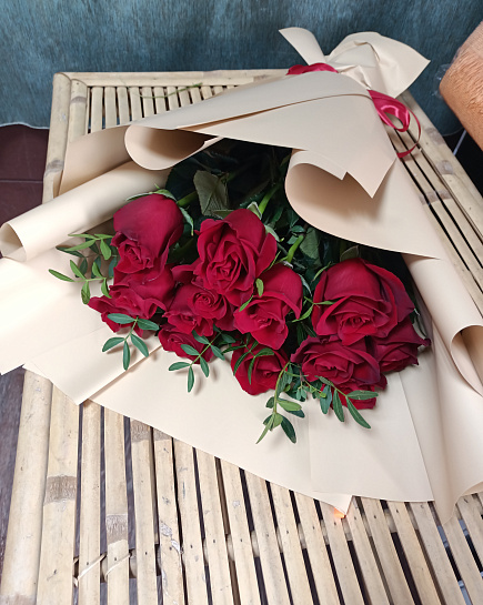 Bouquet of Bouquet of red roses with greenery flowers delivered to Kostanay.