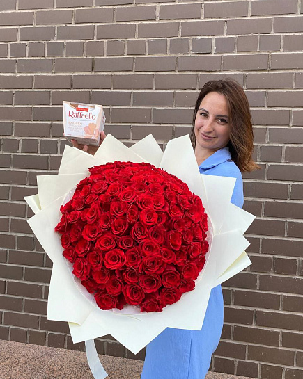 Bouquet of Roses 101 pcs + Raffaello flowers delivered to Astana