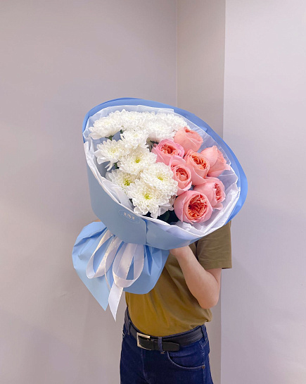 Bouquet of peony roses and Dutch chrysanthemums with delivery to Astana