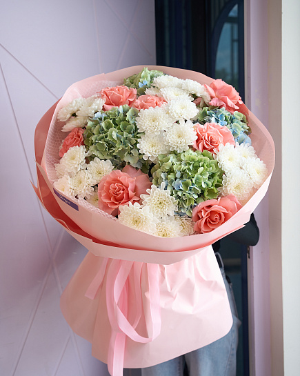 Bouquet of Euro bouquet of hydrangea, roses and chrysanthemums flowers delivered to Shymkent