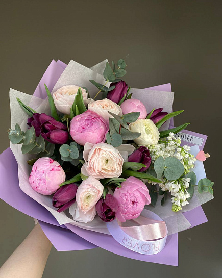 Bouquet of Bouquet of peonies, ranunculi, tulips and lilacs flowers delivered to Astana