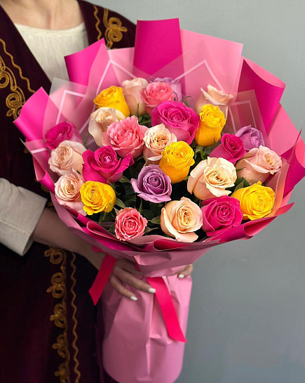 Bouquet of 25 roses mix flowers delivered to Aktobe