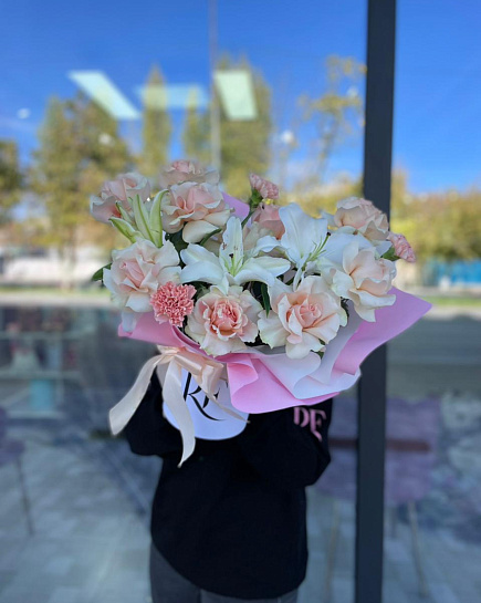 Bouquet of Composition of roses with lilies flowers delivered to Shymkent