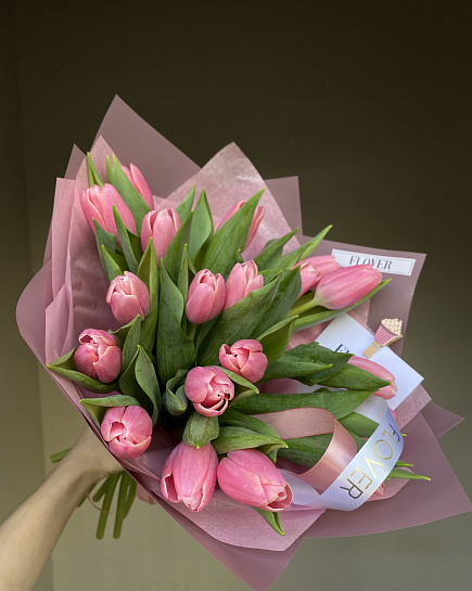 Bouquet of 21 pink tulip flowers delivered to Astana