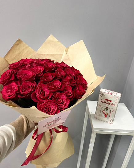 Bouquet of Set of 35 red roses + Raffaello flowers delivered to Aktau