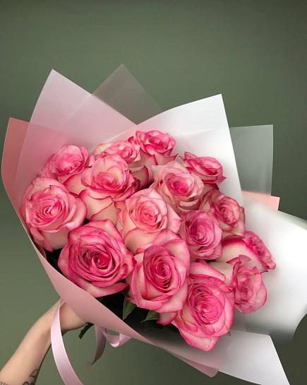 Bouquet of Mono-bouquet of pink Dutch roses 15 pcs flowers delivered to Astana