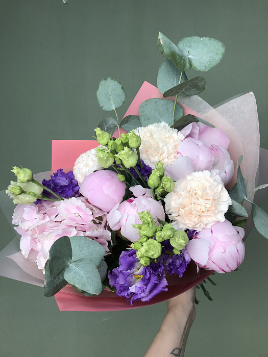 Bouquet of hydrangea, peony and purple eustomas