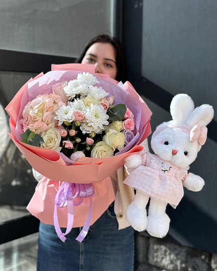 Bouquet of Combo bouquet and bunny with bow flowers delivered to Astana