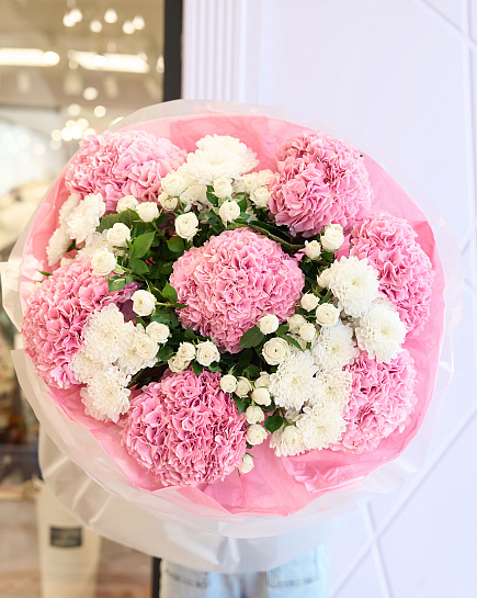 Bouquet of Euro bouquet of hydrangea, chrysanthemum and rose flowers delivered to Shymkent