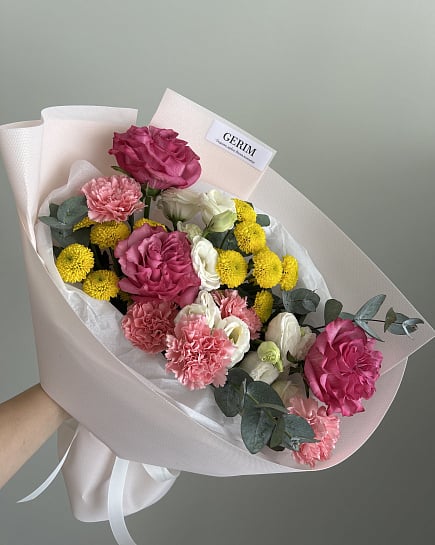 Яркий микс из пионовидных роз и хризантем with delivery to Astana