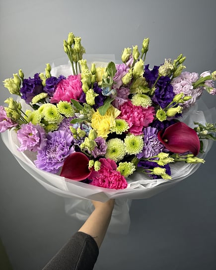 Яркий микс из эустомы и хризантем с доставкой по Астане