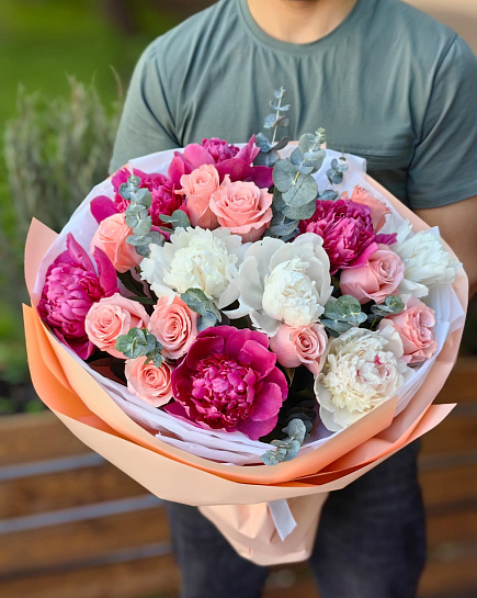 Bouquet of Bouquet of roses and peonies flowers delivered to Almaty