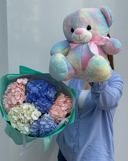 Bouquet of Combo of 5 hydrangeas and a rainbow bear flowers delivered to Astana