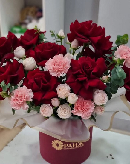 Euro bouquet in a box of carnations and roses with delivery to Almaty