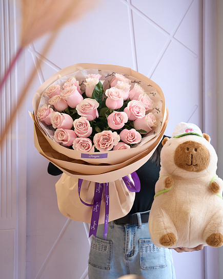 Bouquet of Bouquet of delicate roses and a soft toy flowers delivered to Shymkent