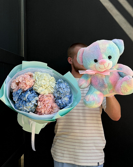 Combo of 7 hydrangeas and a rainbow bear with delivery to Astana