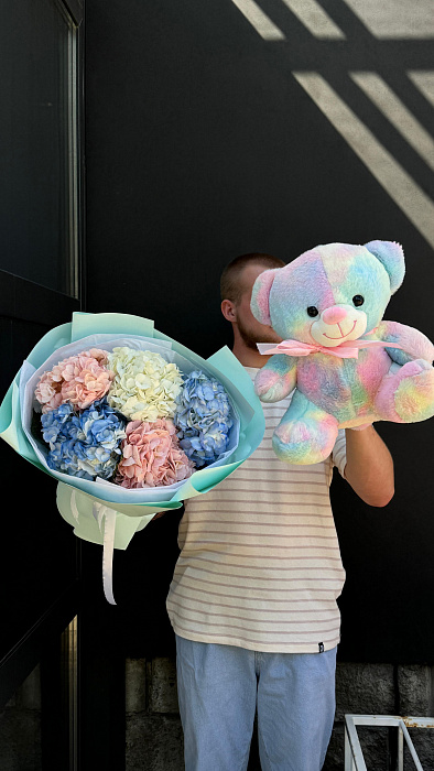 Combo of 7 hydrangeas and a rainbow bear