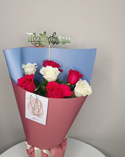 Bouquet of Bouquet of 7 roses + topper flowers delivered to Astana